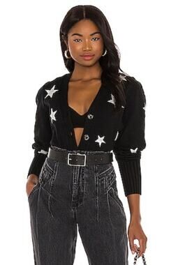 Cinq a Sept Morgan Cardigan Star Knit Sweater Navy Large Cropped Cotton
